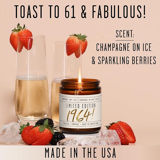 61st Birthday Gifts for Women - 'Limited Edition 1964' Soy Candle, w/Champagne on Ice I 61 Birthday Gifts for Women I 61st Gift for Her Ideas I 9oz Reusable Jar, 50Hr Burn, Made in USA - Bloomnest