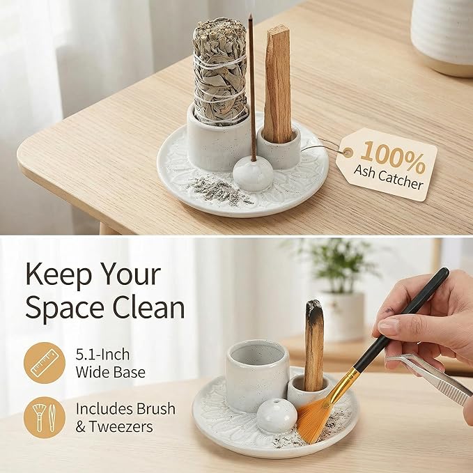 Palo Santo Sticks Holder, Multi-Purpose Handmade Ceramic Incense Burner for Palo Santo Incense Sticks, Sage Holder for Burning, Ash Catcher Tray for Meditation Yoga Room (Spotted White) ToolSentryX