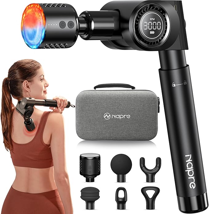 NAPRE Massage Gun with Heat and Cold Head,Deep Tissue Percussion Back Massager for Muscle/Neck/Body Pain Relief with Long Extension Retractable Handle,32-Speeds,Foldable with 5 Adjustable Angles - Bloomnest