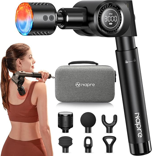 NAPRE Massage Gun with Heat and Cold Head,Deep Tissue Percussion Back Massager for Muscle/Neck/Body Pain Relief with Long Extension Retractable Handle,32-Speeds,Foldable with 5 Adjustable Angles - Bloomnest