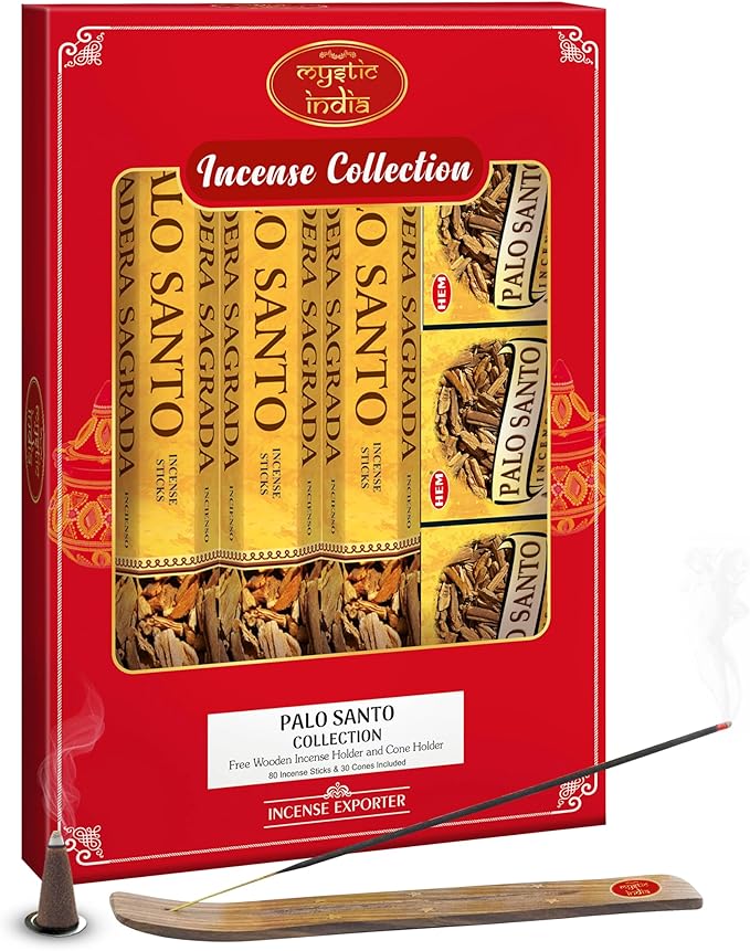 Mystic India - Hem Incense Palo Santo 4 Tube Hexa & 3 Box Cones with Free Incense Holder & Cone Holders Mystic+India
