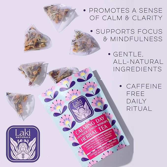 Calming Day Herbal Tea (1.65 oz, Pack of 18 Tea Bags) – Relaxing Caffeine-Free Tea with Lavender, Rosehips and Lemongrass – Gift for focus, clarity, relaxation and wellness - Bloomnest