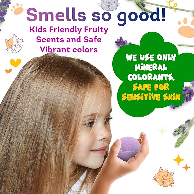 Made in USA 6 Organic Bath Bombs for Kids Set with Cat Toys Surprise Inside for Kids - Surprise Cute Cats Inside Each Fizzy Bath Ball - Natural and Safe for Girls, Boys, Teens - Perfect for Gift - Bloomnest
