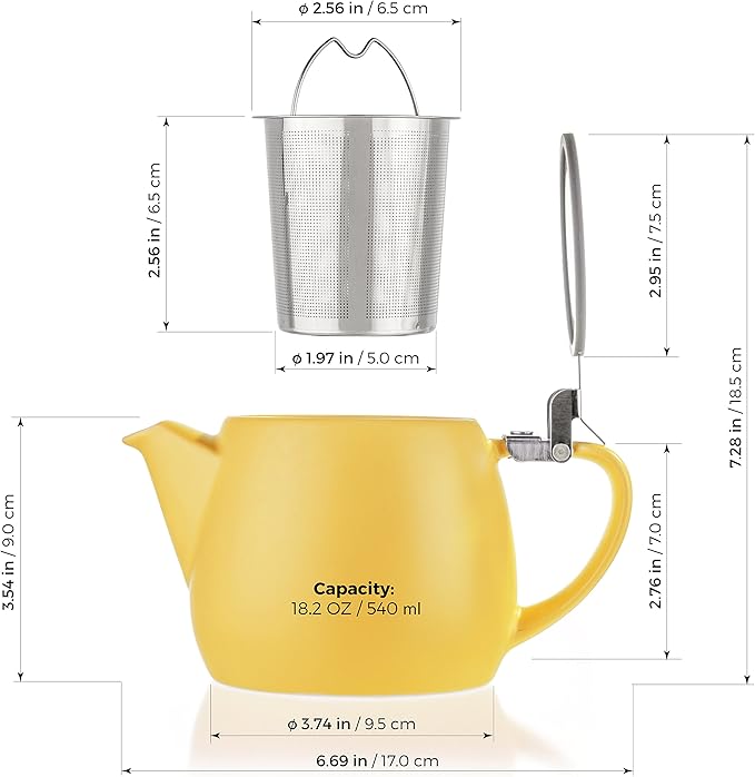 Tealyra - Pluto Porcelain Small Teapot Yellow - 18.2-ounce (1-2 cups) - Matte Finish - Stainless Steel Lid and Extra-Fine Infuser To Brew Loose Leaf Tea - 540ml - Bloomnest