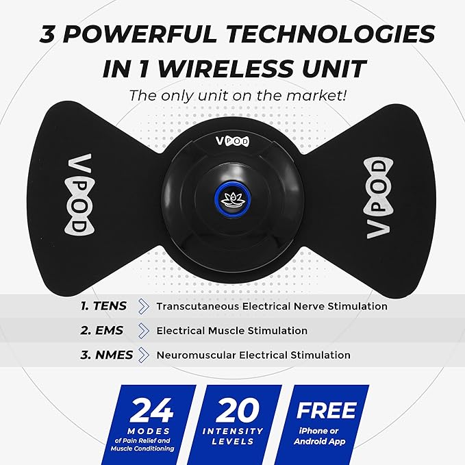 VPOD Deluxe Wireless TENS Unit Muscle Stimulator with Smartphone App Control - Bluetooth Enabled for Pain Relief Therapy - Rechargeable Portable Device for Back and Neck Pain MassageTherapyConcepts