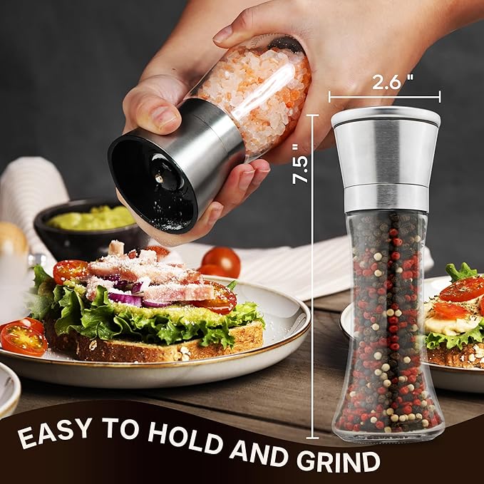 M JINEMEI Salt and Pepper Grinder Tall Size - Black Pepper, Herb Shakers Mill Refillable Manual - Stainless Steel Lid - Adjustable Coarseness - Glass Material- Fits in Home, Kitchen, Barbecue - Bloomnest