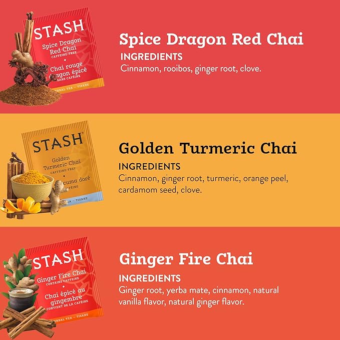 Stash Tea Chai Tea Variety Pack Sampler Assortment - Caffeinated, Non-GMO Project Verified Premium Tea with No Artificial Ingredients, 18-20 Count (Pack of 6) - Bloomnest