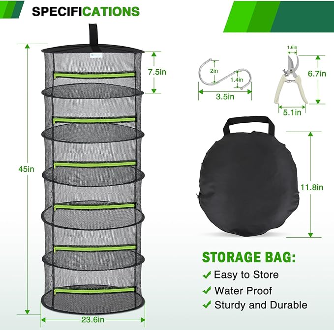 Yesker 6 Layer Herb Drying Rack Hanging Mesh Net Foldable Plant Drying Racks 24" w Green Zipper Pruning Shears Dryer Hanging Rack for Herbs Seed Bud Fruit Clothes Grow Tent Closet Garden Outdoor 2 PCS - Bloomnest