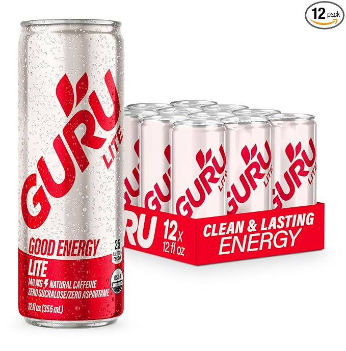 GURU Lite Organic Energy Drinks, Clean Energy Drink with Plant Based Natural Caffeine from Green Tea, Low Calorie, Gluten Free and Vegan, 140MG Caffeine, Healthy Drinks, 12oz (Pack of 12) - Bloomnest