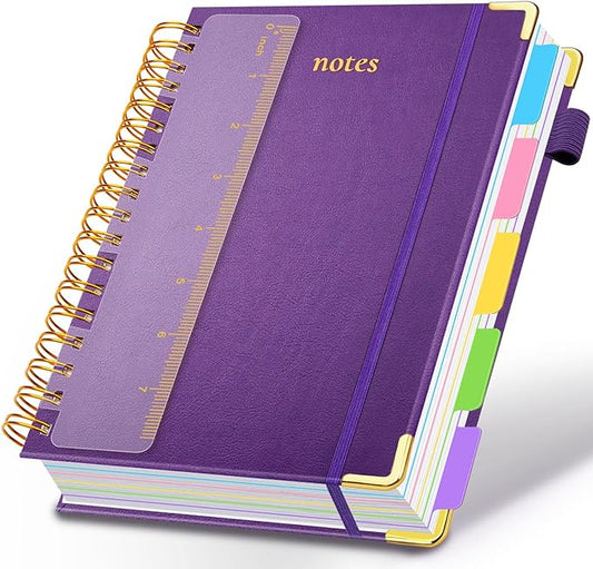 Hardcover Spiral Notebook 6.2"x 8.2" Journal Notebook with Tabs and Removable Dividers 300 Pages 5 Subject Notebook College Ruled, Faux Leather Spiral Bound Notebook for Women School Work (Purple) - Bloomnest