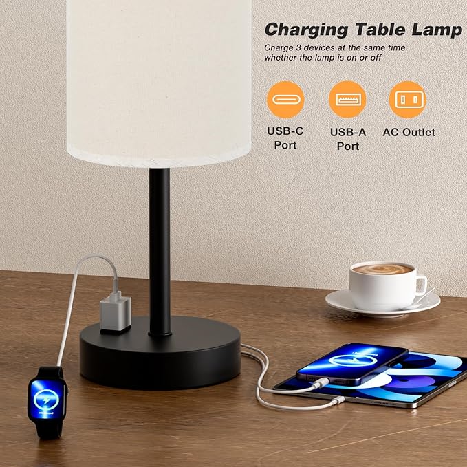 Fenmzee Touch Table Lamp - Beige, 3-Way Dimmable, USB A + C Charging, AC Outlet, 17.4inch Medium, Black Metal Base - Bloomnest
