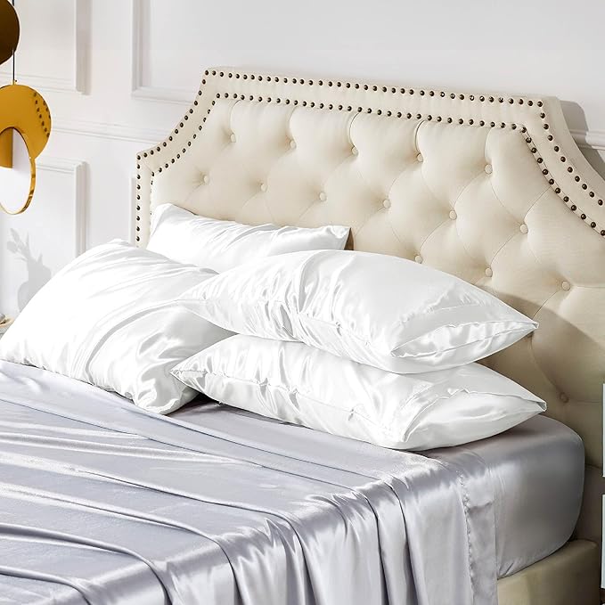 Bedsure Satin Pillowcase Standard Set of 4 - Pure White Silky Pillow Cases for Hair and Skin 20x26 Inches, Pillow Covers with Envelope Closure, Gifts for Women Men - Bloomnest