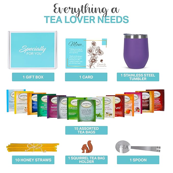 Gift Sets for Tea Lovers Women and Men Tumbler 15 Unique Teas 10 Honey Straws (Mom Card-Purple) - Bloomnest