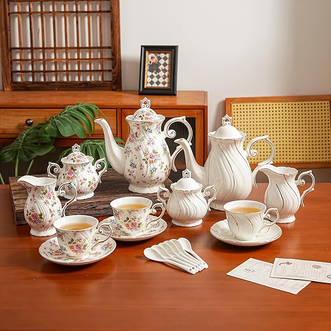 Tea Set 21-Piece Ceramic tea cups and saucers set of 6 with Sugar and Creamer Set,Teapot,teapot set for Adults, Women Tea Party (small crushed flower) - Bloomnest