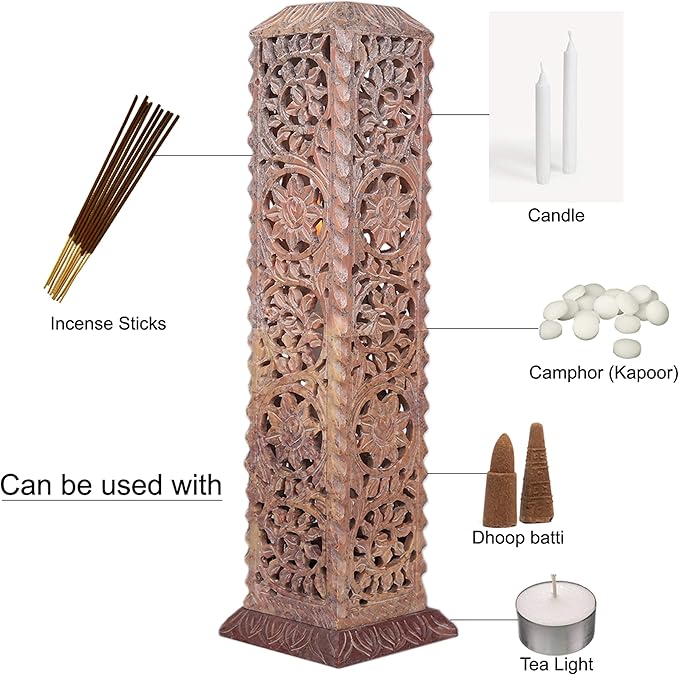 Carry Me Handmade Marble Soapstone Incense Stick Burner | Candle Stick Holder | Tea Light Stand - Floral Carving for Gifting. Decorative Incense Tower for Home and Office Decor. (3x3x11 Inches) - Bloomnest