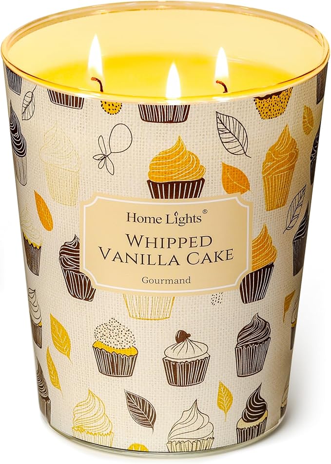HomeLights Soy Wax Candles for Home Scented, 3-Wick Candles in Whipped Vanilla Cake Scented, Rustic Modern Aromatherapy Candles Gift for Parties, Relaxing, 34oz - Bloomnest