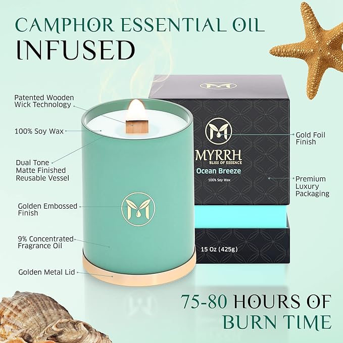 MyrrhUSA Ocean Breeze Scented Candle – 15 oz Natural Soy Wax with Crackling Wooden Wick & Essential Oils | 80 Hour Burn | Luxury Aromatherapy Candle for Relaxation, Home Décor, Living Room & Bathroom - Bloomnest