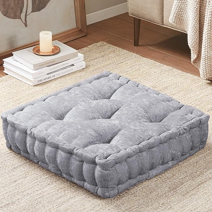 Intelligent Design Azza Floor Pillow, Large Cushions Sitting for Adults, Floor Pillow for Meditation or Yoga, Lustrous Chenille Tufted with Scalloped Edges for Bench/Chair Cushion, 20"x20"x5" Grey