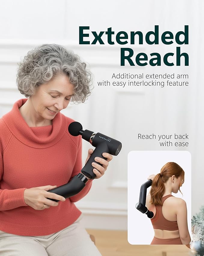 Massage Gun with Detachable Extension Handle. Deep Tissue Percussion Massager for Back, Neck, Shoulder, Leg & Arm. Portable Handheld Muscle Recovery Tool with Hot & Cold Therapy, Quiet Motor, 6 Speeds