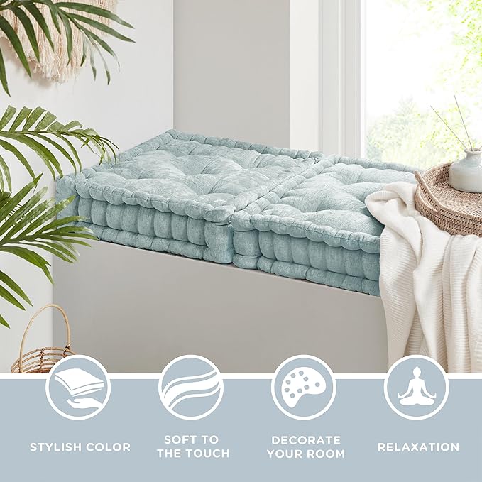 Codi INNA Floor Cushions for Adults, Cute Pillows Seating for Meditation, Square Tufted Chenille Cushion, Living Room, Fireplace, Reading Nook, Aqua 2 Pack - Bloomnest
