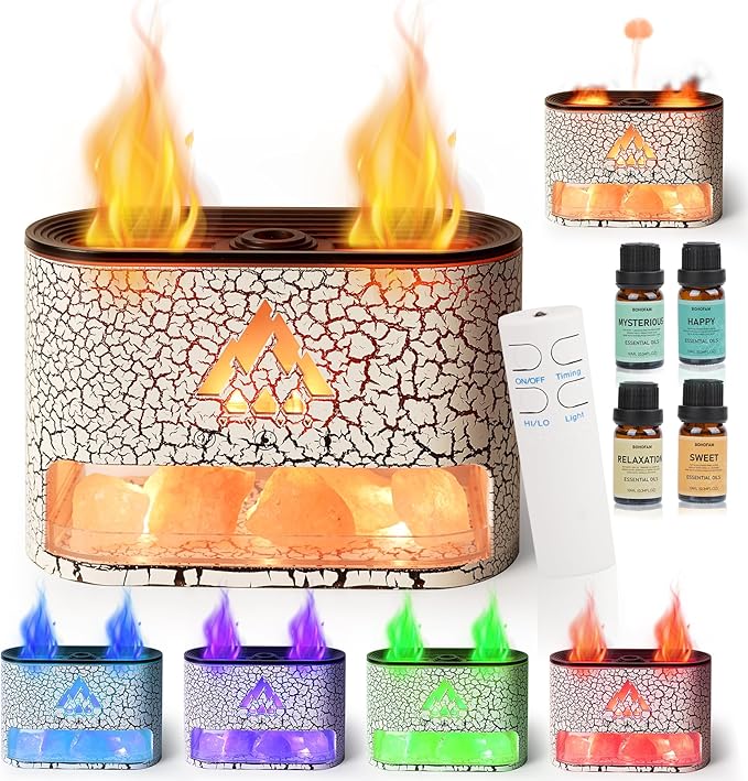 BOHOFAM Essential Oil Diffuser with Himalayan Salt lamp,Double Flame/Jellyfish 2 Mode Aroma Diffuser/Humidifier, Colorful Lights,4 * 10ML Hotel Collection Diffuser Oils Scents,for Home Bedroom(White)
