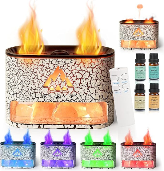 BOHOFAM Essential Oil Diffuser with Himalayan Salt lamp,Double Flame/Jellyfish 2 Mode Aroma Diffuser/Humidifier, Colorful Lights,4 * 10ML Hotel Collection Diffuser Oils Scents,for Home Bedroom(White)