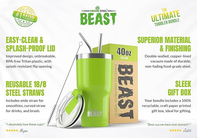 Beast 40 oz Tumbler Stainless Steel Vacuum Insulated Coffee Ice Cup Double Wall Travel Flask (Lemongrass Green) - Bloomnest