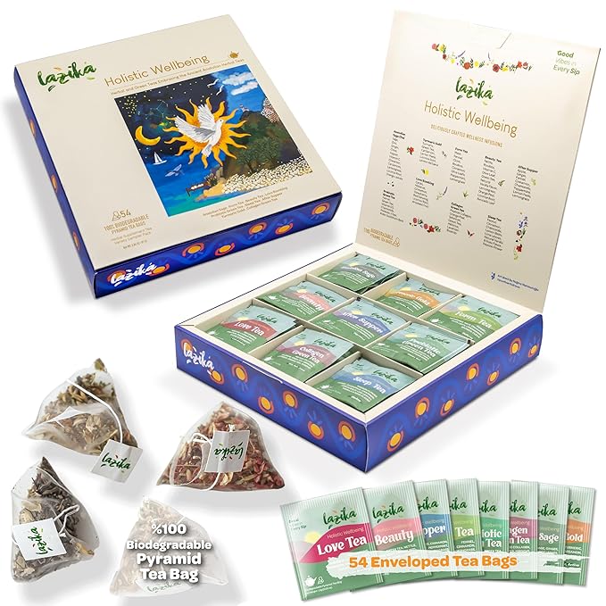 Lazika Herbal Tea Variety Pack with Lovely Presentation Box, 54 Counts, Holistic Wellbeing Tea Assortment Gift Set, Premium Collection with Pyramid Infuser Bag, Handcrafted - Bloomnest