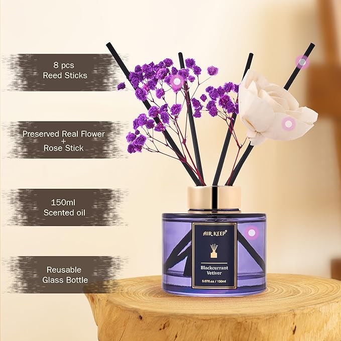 Airkeep Flower Reed Diffusers Set, 5.07 oz Blackcurrant Vetiver Scented Oil Diffuser with 8 Reed Sticks, Home Fragrance Diffuser Gift Set for Bathroom & Office Decor 150ml - Bloomnest