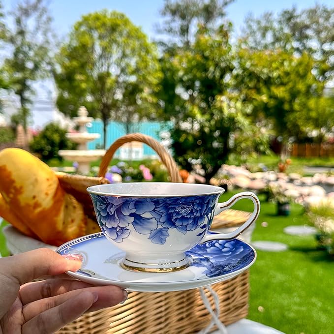 ACMLIFE Bone China Tea Sets, Blue and Gold Tea Set for Adults Porcelain Tea Cup Set, Cup and Saucer Set Vintage Floral for Women Party or Christmas Gifts Giving (china blue) - Bloomnest
