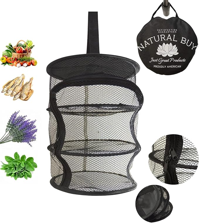 9 Inch 3 Level Micro Hanging Dry Net Indoor/Closet Drying Rack for Herbs, Organizer, Freshner - Black Mash Screen with Top-to-Bottom Zipper - Apartment Size with Zipped Storage Pouch - Bloomnest