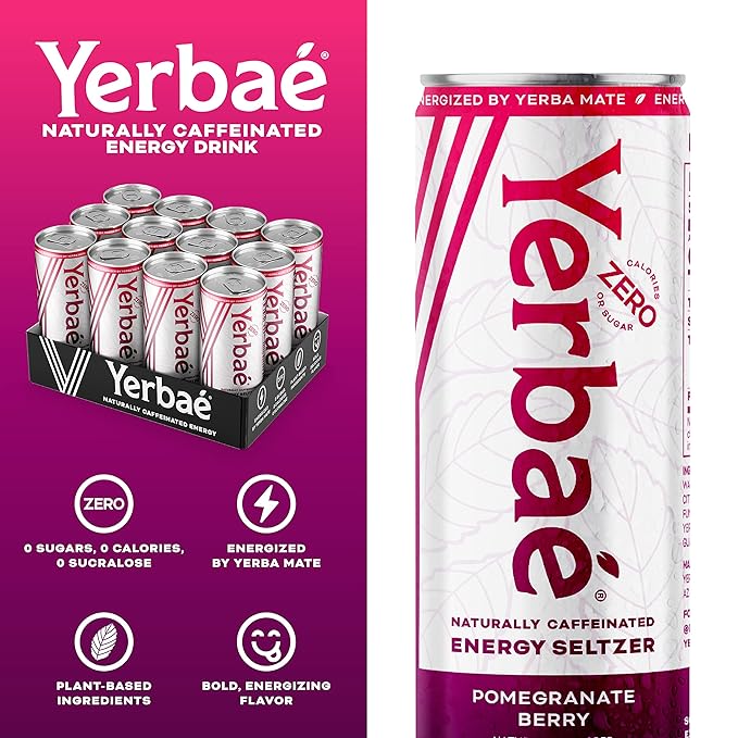 Yerbaé Energy Seltzer - Pomegranate Berry, No Sugar/Calories/Carbs. Energized by Yerba Mate, Naturally Caffeinated Plant-Based, Healthy Alternative to Coffee, Sugary Sodas, Pack of 12, 12oz cans - Bloomnest