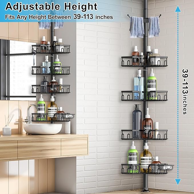 Corner Shower Caddy Tension Pole 4 Tier Adjustable Stainless Steel Shower Shelf for Inside Shower Bathtub Shampoo,Standing Bathroom Organizer Shelves with 39 to 113 inch Height - Bloomnest