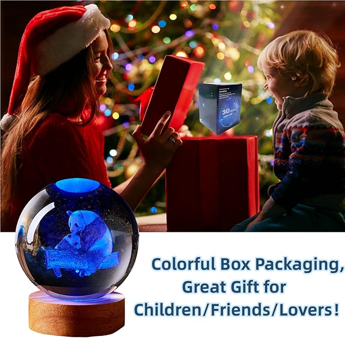 Crystal Ball Panda Family Night Light, 3.15 Inch K9 Crystal Glass Ball, 16 Color Change with Remote Control, Wooden Base Table Lamp, Birthday & - Bloomnest