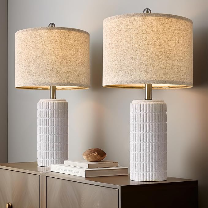 PoKat 23" Table Lamp, Farmhouse Bedside Lamps for Bedroom Set of 2, Ceramic End Table Lamps for Living Room, Traditional Nightstand Desk Lamps, Frosted White Lamps, Medium - Bloomnest