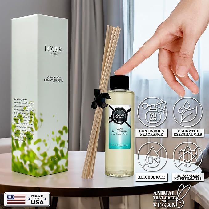 LOVSPA Clean Cotton Blossom Diffuser Oil - Luxury Essential Oils for Diffuser Refill & Air Freshener Room Spray - Long-Lasting & Natural Home Fragrance, Scented Oil for Diffusers, USA Made, 4oz - Bloomnest