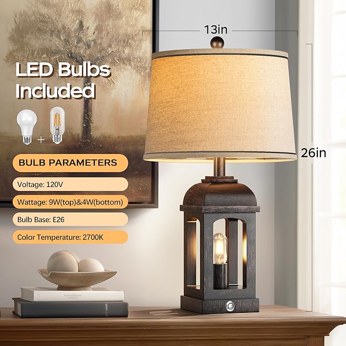 QiMH Table Lamp for Living Room, Farmhouse Lamps with USB A+C and Nightlight, 26" Rustic Bedside Lamps with 3-Way Dimmable Touch Control, Nightstand Lamp for Bedroom, Bronze, 1 Pack - Bloomnest