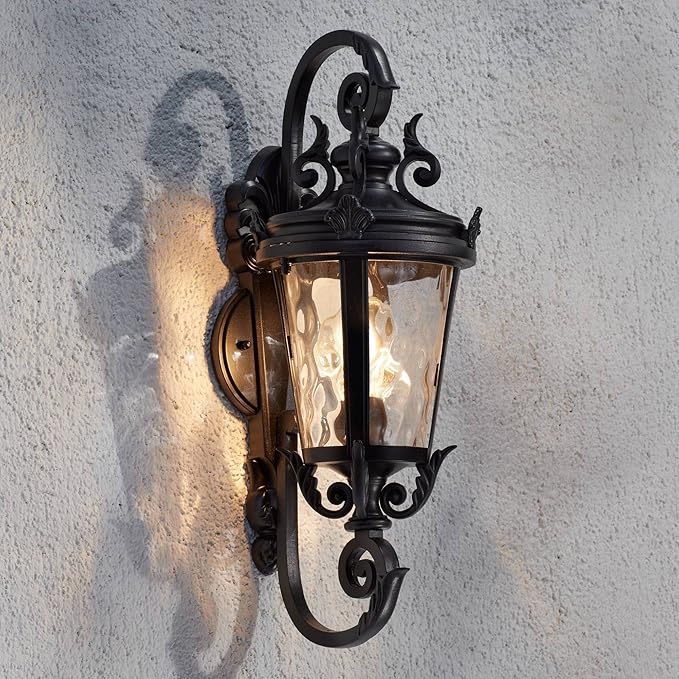 John Timberland Marseille Traditional Outdoor Wall Light Fixture Black Steel Scroll 19" Clear Hammered Glass Downbridge Arm for Exterior House Porch Patio Outside Deck Garage Front Door Home - Bloomnest