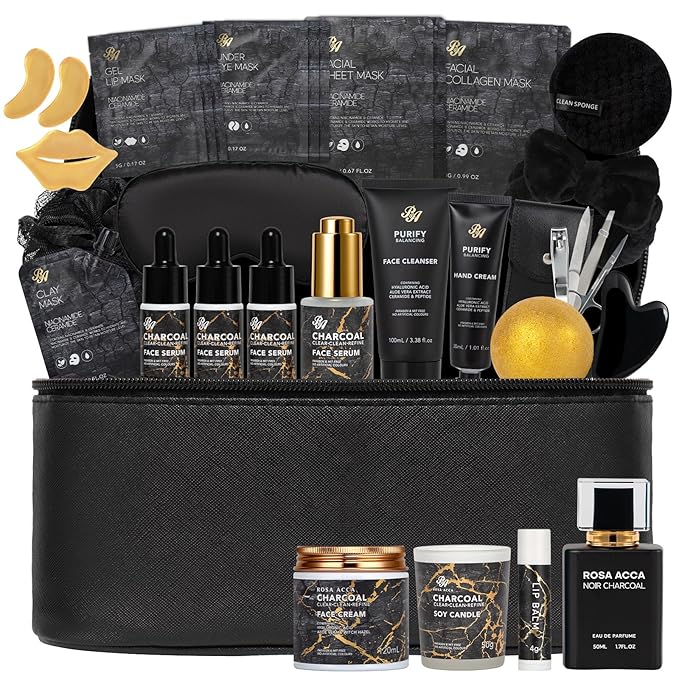 33 Pcs Valentines Day Gifts for Women & Men, Charcoal Hydrating Skin Care Kit, Bath & Body Gift Set, Spa Kit, Leather Bag, Anniversary, Birthday, Christmas, Mothers Day, Father's Day - Bloomnest
