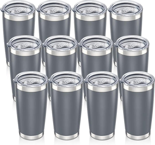 20 oz Tumbler with Lid Stainless Steel Insulated Tumblers Bulk Double Wall Vacuum Cups Powder Coated Travel Mug Keep Drinks Cold and Hot, Grey, 12 Pack