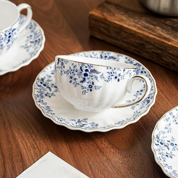 ceramic tea cups and saucers 6oz,floral tea cups for Coffee, Latte, Cafe Mocha and Tea (Little Blue Flowers) - Bloomnest