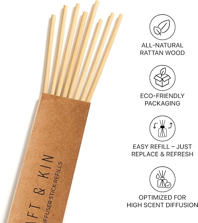 Craft & Kin Reed Diffuser Sticks – 3 Pack of 8 Natural Rattan Sticks per Pouch – Home Fragrance Refill, Eco-Friendly Reed Replacement for Essential Oil Diffusers CraftKin