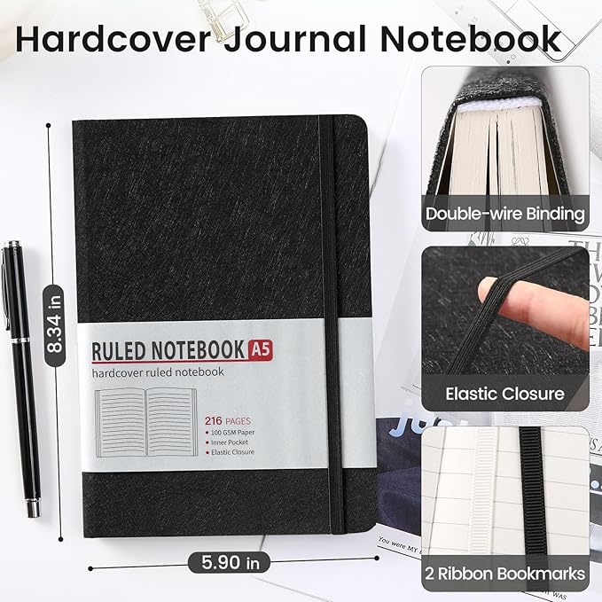 Lined Journal Notebook for Women Men 216 Pages A5 Hardcover Journals for Writing Daily Journaling Notebook for Work, School, Note Taking, Business, Travel Black - Bloomnest