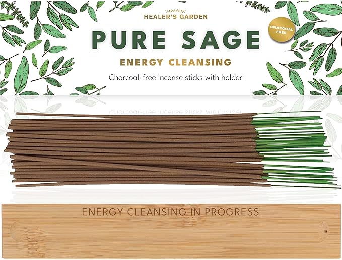 Premium Sage Incense Sticks with Energy Cleansing Engraved Wood Holder - Charcoal Free, Clean, Non Toxic - Negative Energy Protection, Purification - New Home Spiritual Smudging Incenses, 30 Sticks