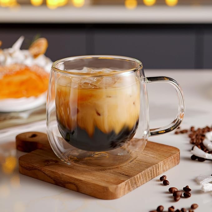 CNGLASS 16oz Double Walled Glass Coffee Mugs(4-pack),Large Clear Coffee Cups with Handle,Glass Espresso Mugs for Latte,Cappuccino,Tea - Bloomnest