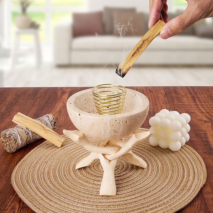 Natural Marble Incense Holder, Palo Santo and Sage Burner, Handmade Incense Burner for Smudging, Incense Burning, and Home Decoration (Cream) - Bloomnest