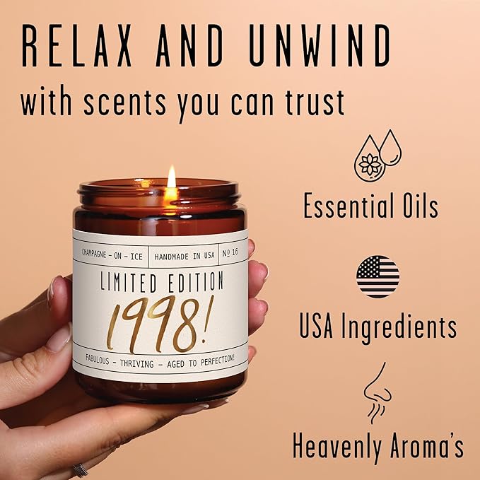27th Birthday Gifts for Women - 'Limited Edition 1998' Soy Candle, w/Champagne on Ice I 27 Birthday Gifts for Women I 27th Gift for Her Ideas I 9oz Reusable Jar, 50Hr Burn, Made in USA - Bloomnest