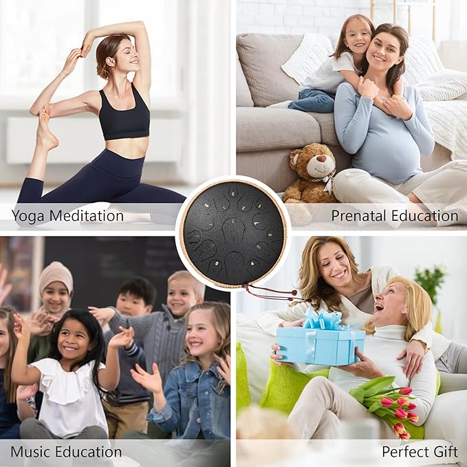 Steel Tongue Drum - 14 Inch 15 Note Tongue Drum - Hand Pan Drum with Music Book, Handpan Mallets and Carry Bag, C Major, Black - Bloomnest
