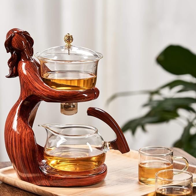 Glass Kungfu Teapot Set Tea maker with Infuser Semi Automatic Tea Set with 6 Small Cups (Red) - Bloomnest