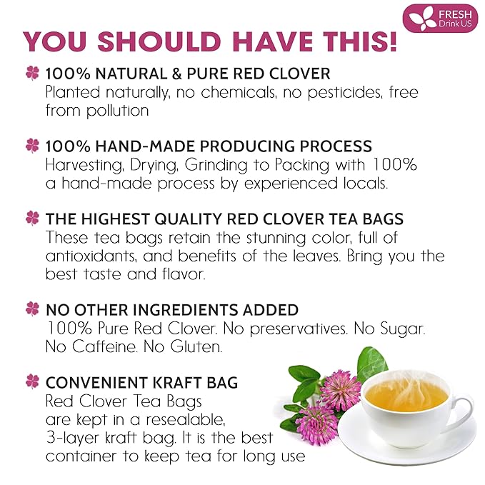 FreshDrinkUS, Premium Red Clover Herbal Tea– 75 Tea Bags – Pure – Naturally Smooth & Mild Flavor – Premium Quality, Eco-Conscious Packaging. Caffeine-Free. Gluten Free. Vegan - Bloomnest